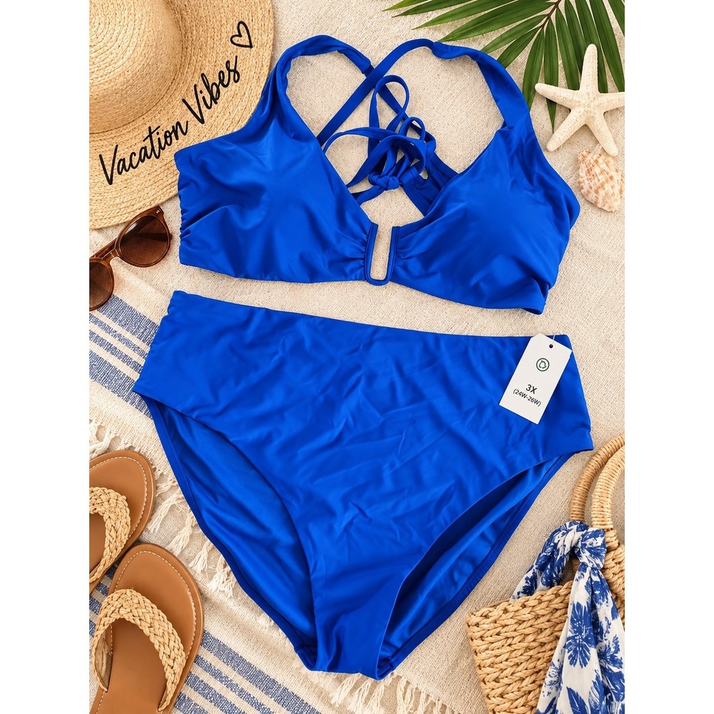 NWT Women's Plus Size 3X Blue Solid Halter High Waist 2 Piece Bikini Tie